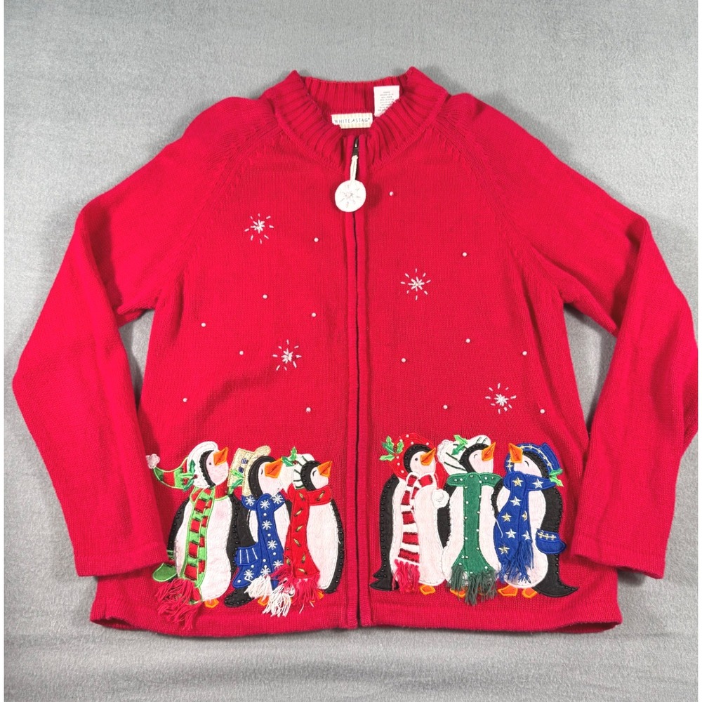 White Stag Red Penguin Ugly Christmas Cardigan‎ Sweater Holiday Festive Large